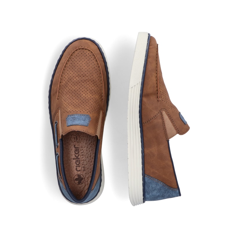 Mocassins marron Rieker pour hommes B2264-24avec une couture moderne et un élastique. Vue d’en haut, allongée.