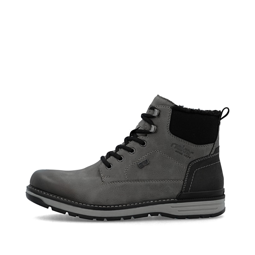 Graue Rieker Herren Schnürstiefel 39442-45 mit wasserabweisender TEX-Membran. Schuh Außenseite.