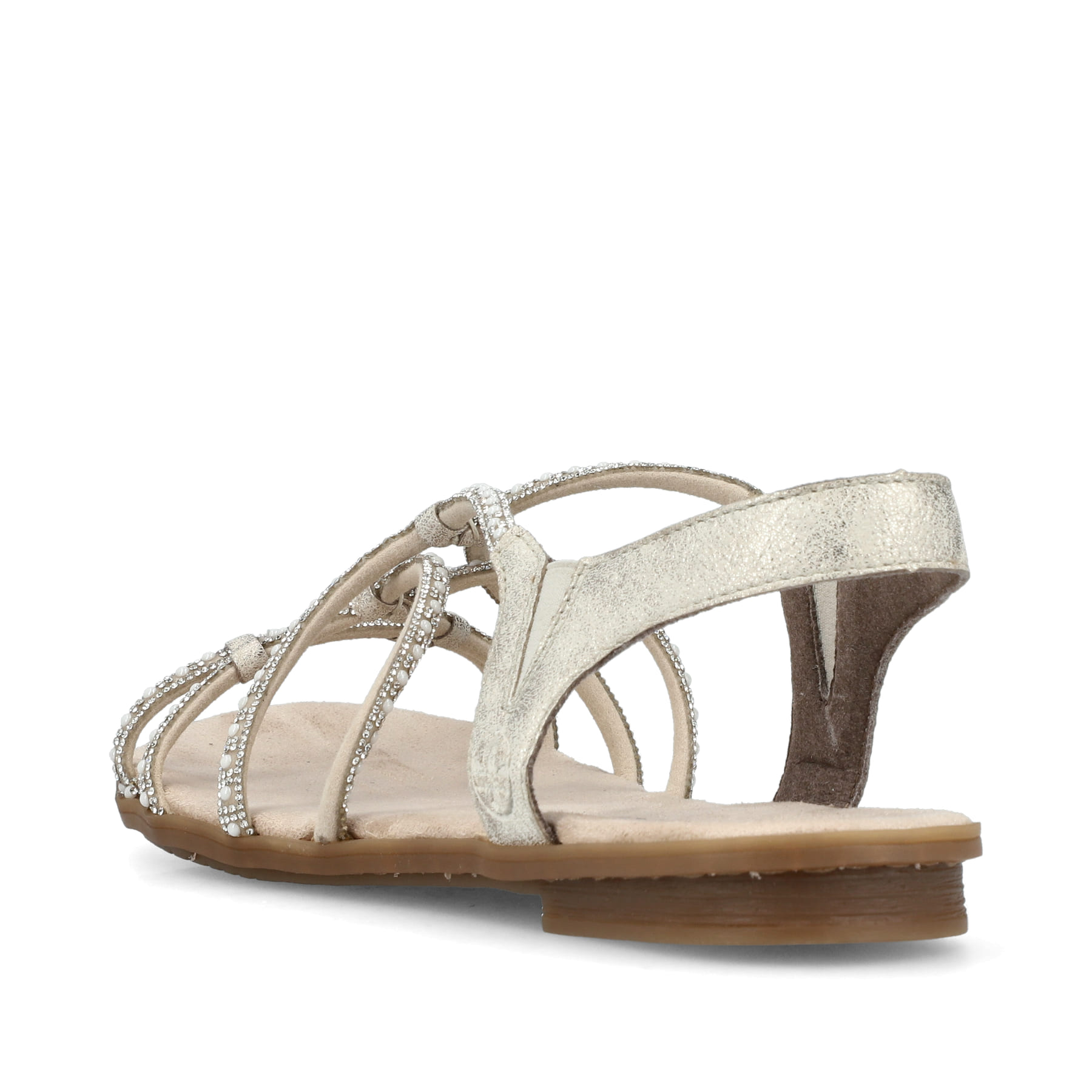 Beige Rieker Damen Riemchensandalen 64270-60 mit Strasssteinen sowie Gummizug. Schuh von hinten.