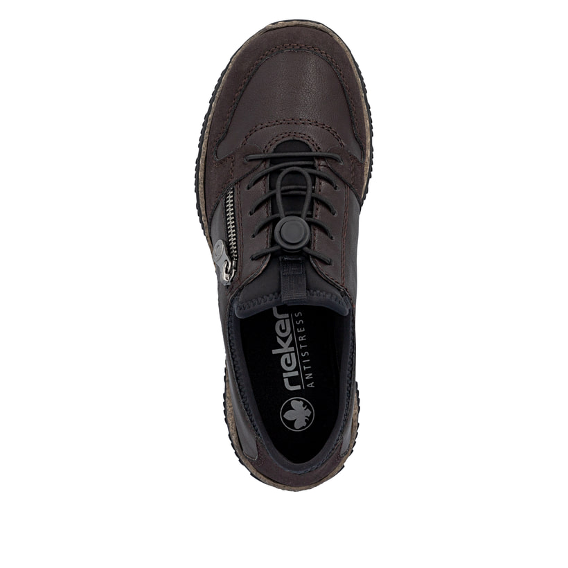 Dunkelbraune Rieker Damen Slipper N32G0-25 mit Deko-Reißverschluss. Schuh von oben.