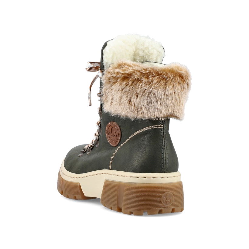 Bottes à lacets Rieker vertes pour femme X8647-54 avec tige en fourrure. Chaussure vue de l'arrière.