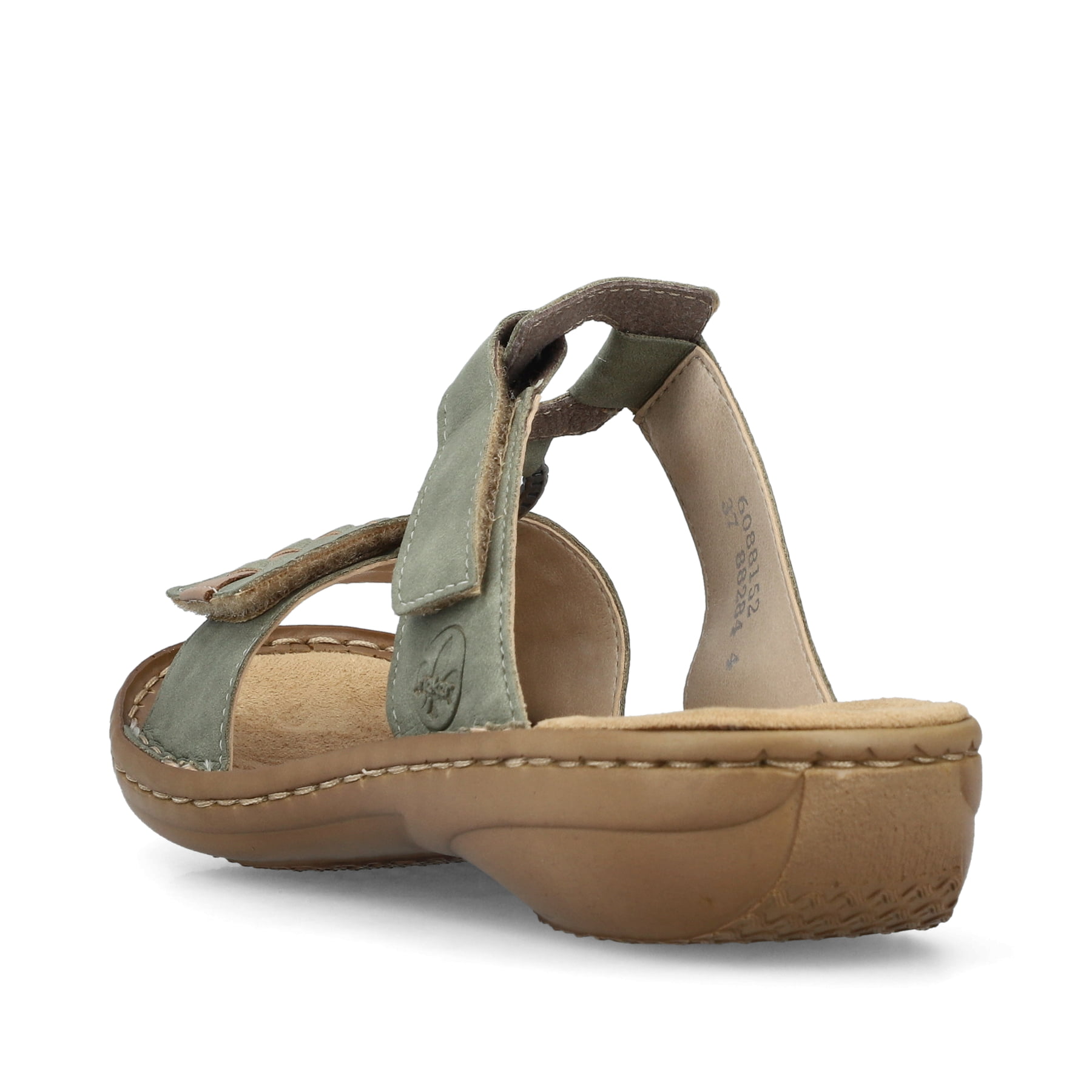 Grüne Rieker Damen Pantoletten 60881-52 mit einem Klettverschluss. Schuh von hinten.