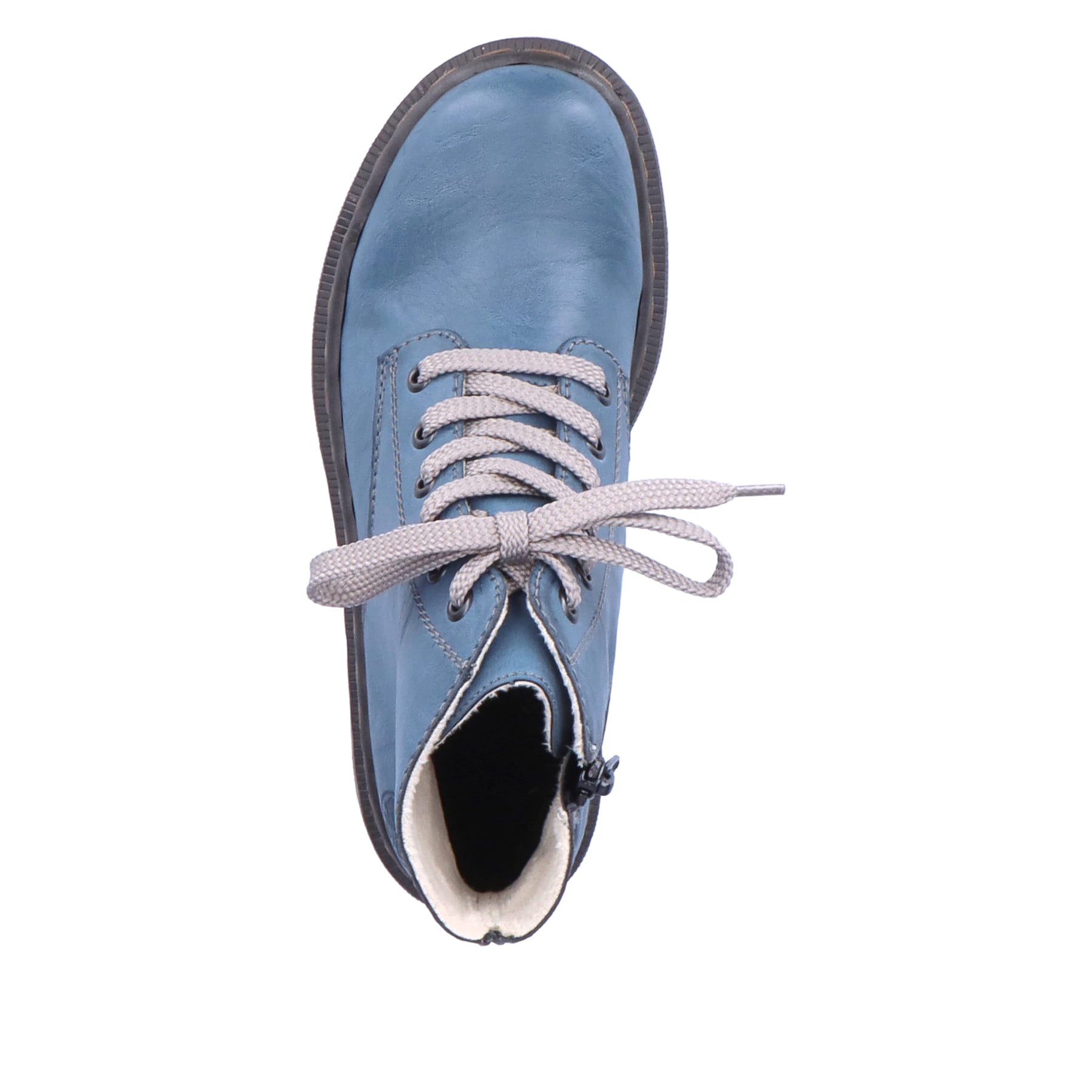 Himmelblaue Rieker Damen Schnürstiefel 78240-14 mit einer robusten Profilsohle. Schuh von oben