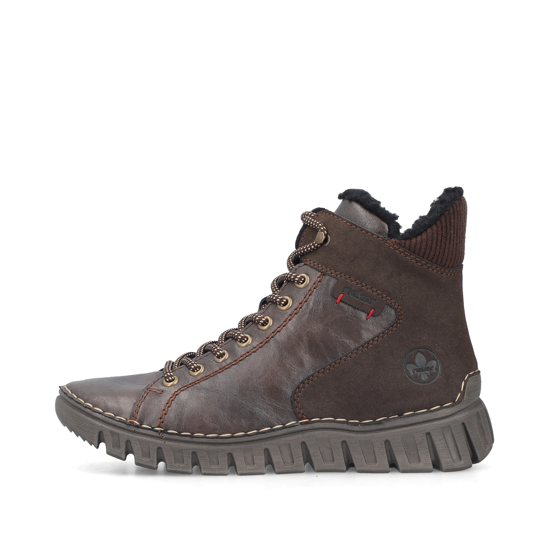 Dunkelbraune Rieker Damen Schnürstiefel 57512-25 mit einem Reißverschluss. Schuh Außenseite.