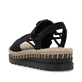 Schwarze Rieker Keilsandaletten V7972-00 mit modischen Raffungen sowie Gummizug. Schuh von hinten.