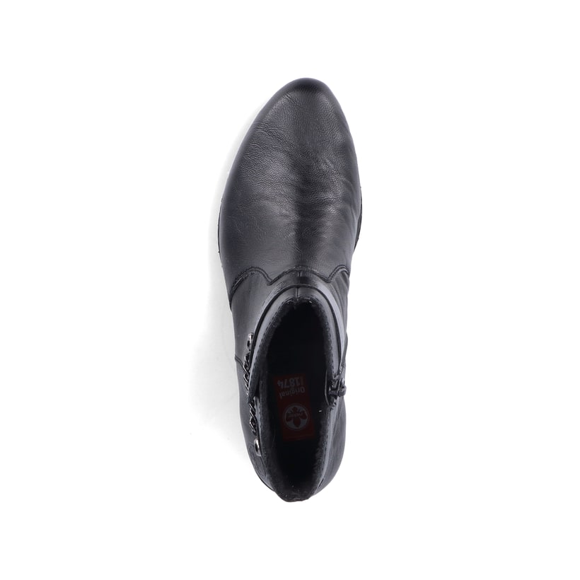 Bottines Rieker noires pour femme Y0783-00 avec chaîne décorative. Semelle extérieure de la chaussure.