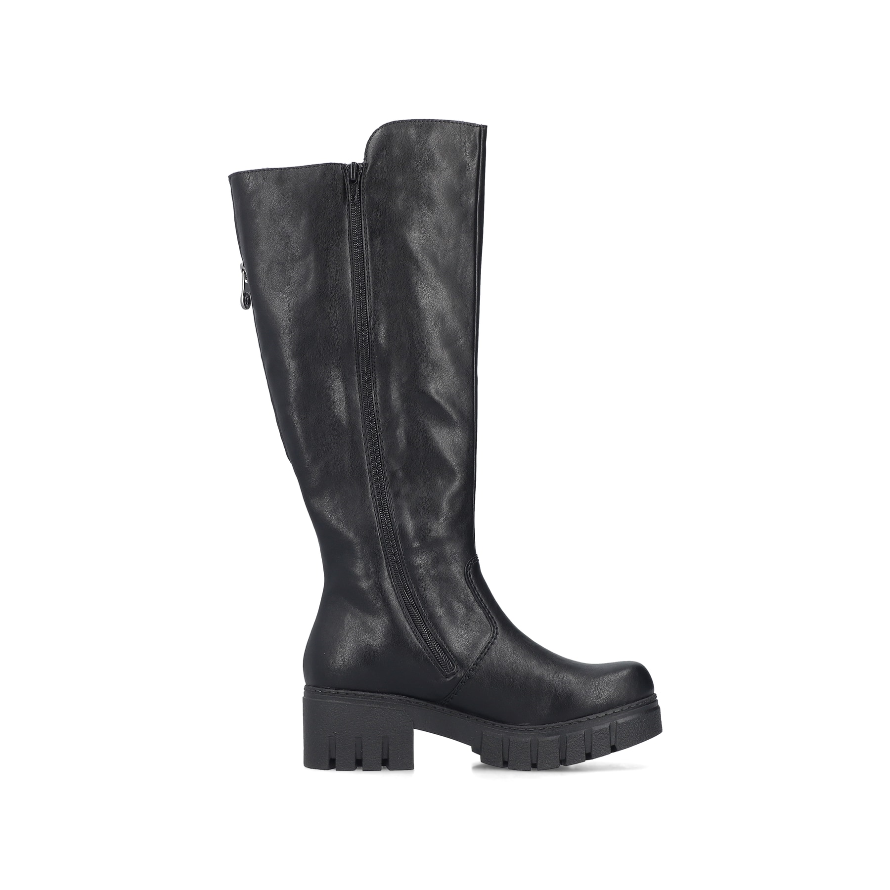Schwarze Rieker Damen Hochschaftstiefel 74597-00 mit einem Reißverschluss. Schuh Innenseite.
