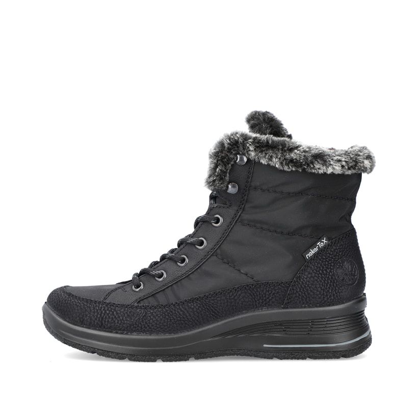 
Nachtschwarze Rieker Damen Schnürstiefel L7742-00 mit Schnürung und Reißverschluss. Schuh Außenseite