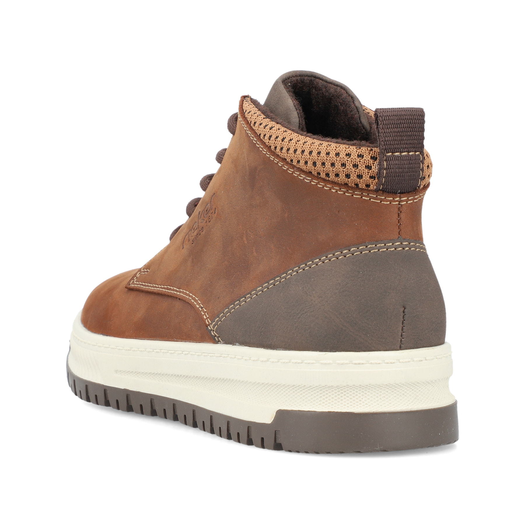 Mokkabraune Rieker Herren Schnürstiefel 38541-22 mit Schnürung sowie einer Profilsohle. Schuh von hinten