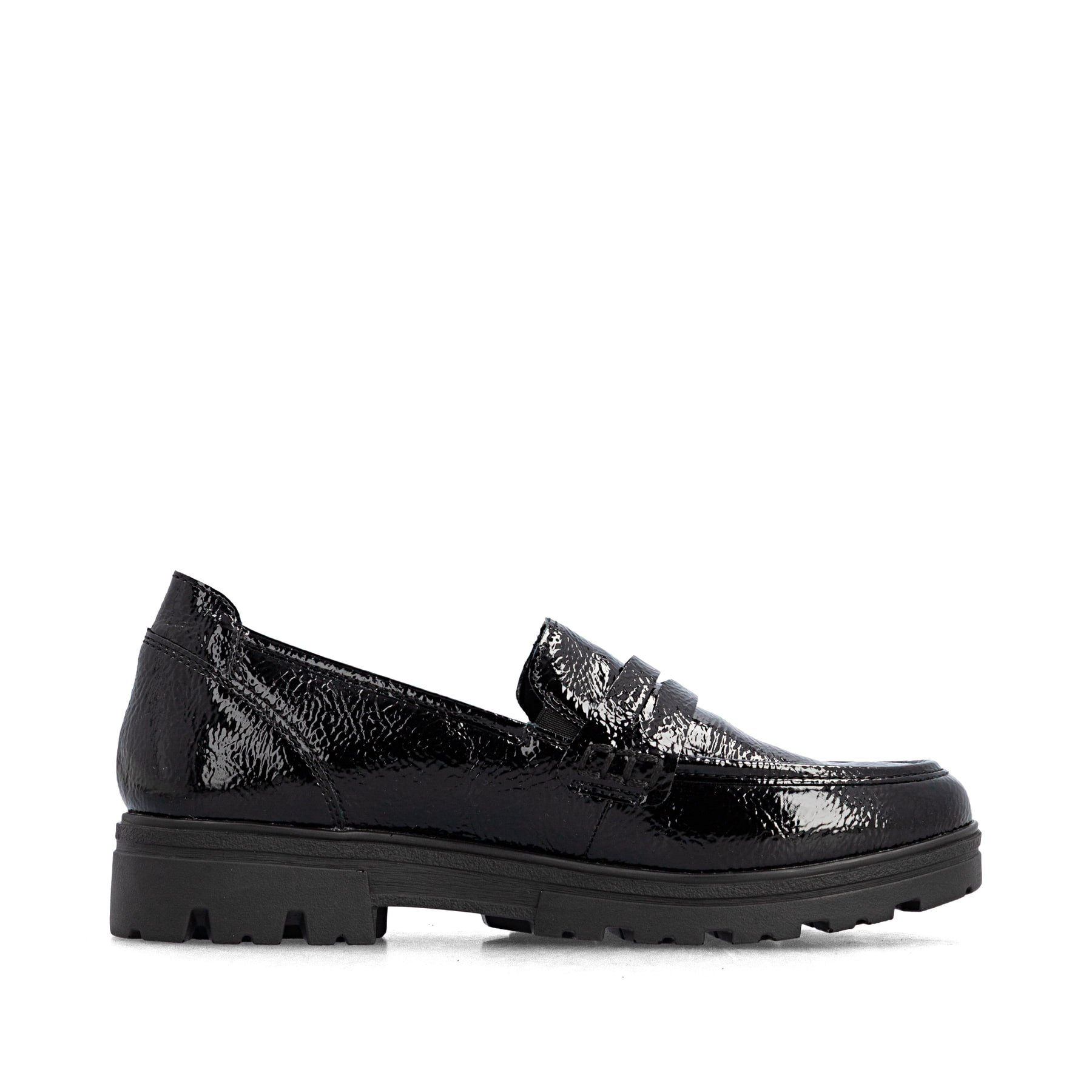 Mocassins Rieker noirs pour femmes 43050-00 avec bande élastique. Côté intérieur de la chaussure.