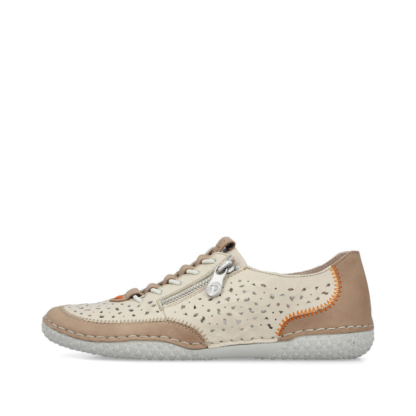 Mocassins Rieker beiges pour femme 43665-64 en cuir lisse. Côté extérieur de la chaussure.