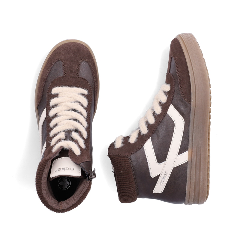Braun-weiße Rieker Damen Sneaker High L2530-25 mit flauschigen Schnürsenkeln. Schuh von oben, liegend.