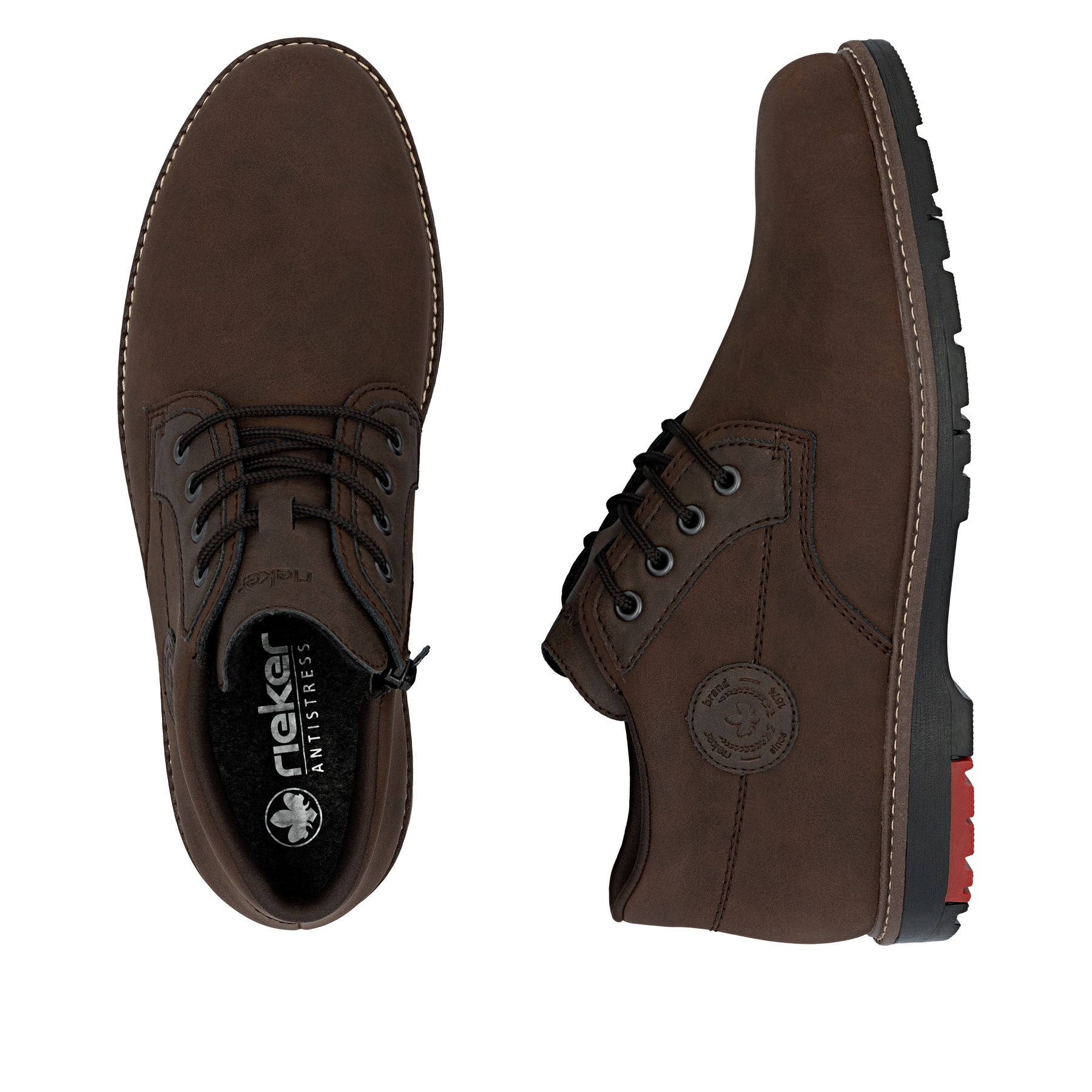 Dunkelbraune Rieker Herren Schnürstiefel 10539-22 aus Rauleder. Schuh von oben, liegend.