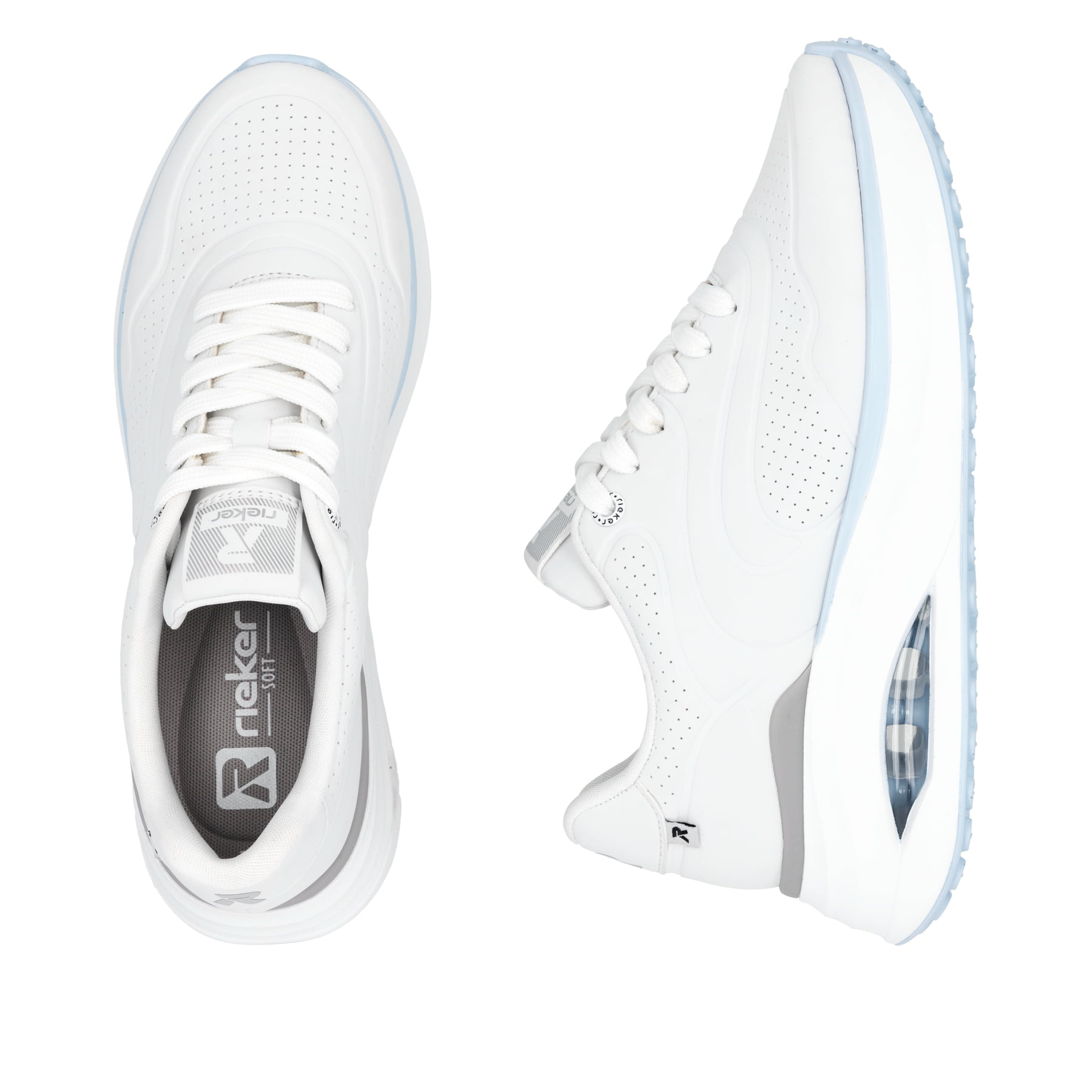 Weiße vegane Rieker Damen Sneaker Low W2700-80 mit einer Schnürung. Schuh von oben, liegend.