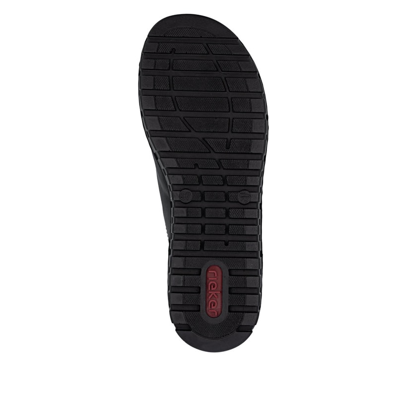 Schwarze Rieker Damen Pantoletten V1392-00 mit einem Klettverschluss. Schuh Laufsohle.