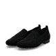 Schwarze Rieker Damen Slipper 51989-00 mit Strasssteinen sowie einem Gummizug. Schuhpaar seitlich schräg.