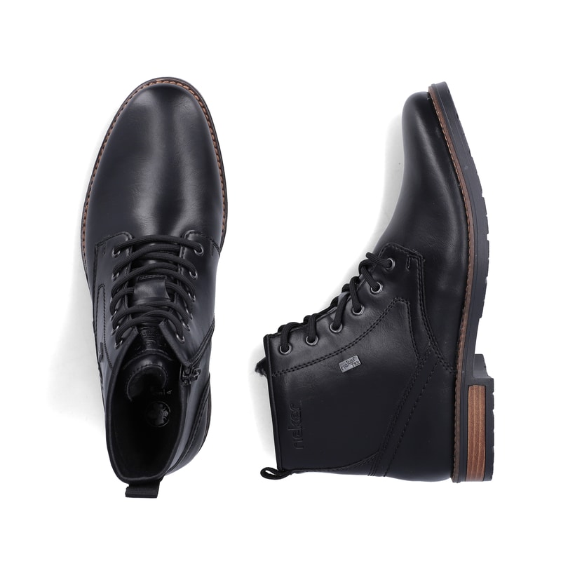 Schwarze Rieker Herren Schnürstiefel 14631-00 mit wasserabweisender TEX-Membran. Schuh von oben, liegend.