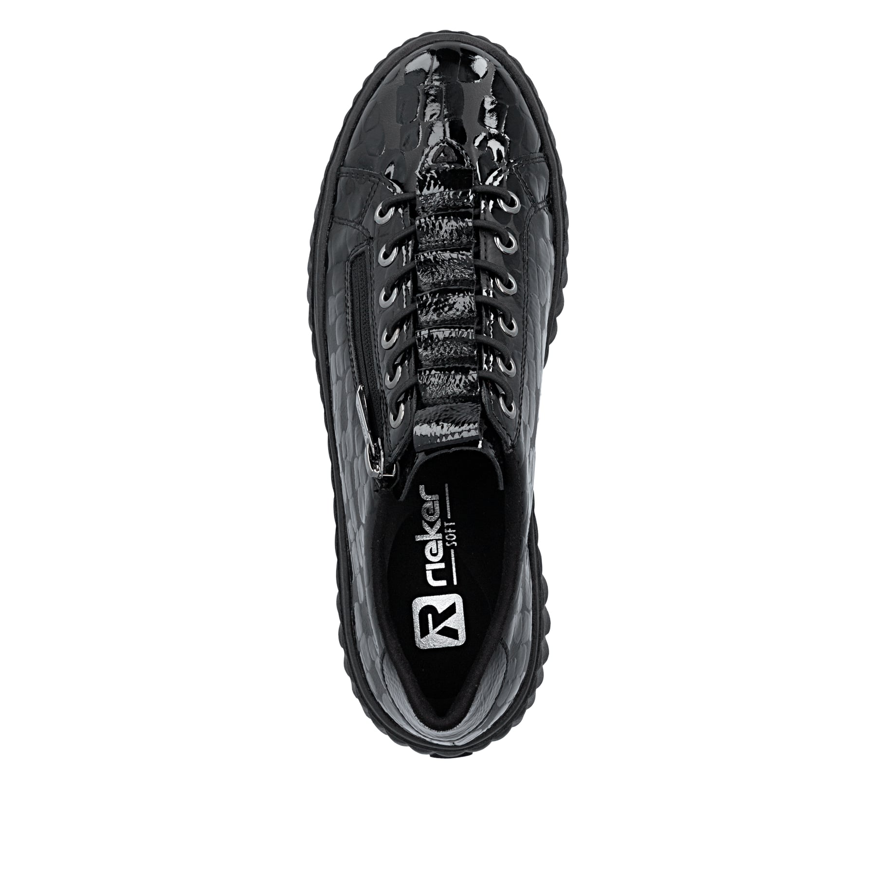 Schwarze Rieker Damen Sneaker Low N2555-02 mit einem Reißverschluss. Schuh von oben.