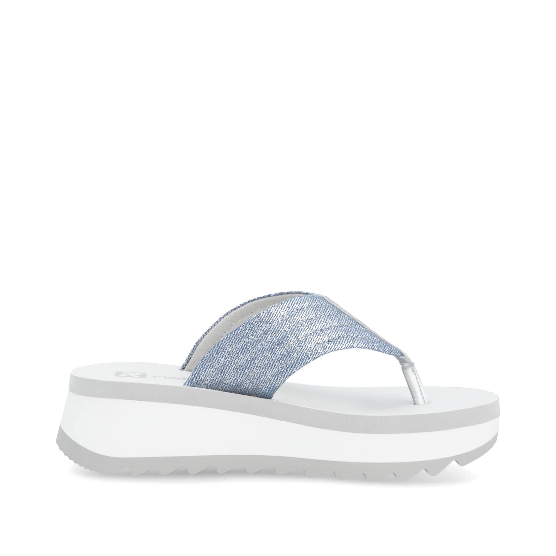 Blaue vegane Rieker Damen Zehentrenner W3054-14 mit leichter und griffiger Sohle. Schuh Innenseite.