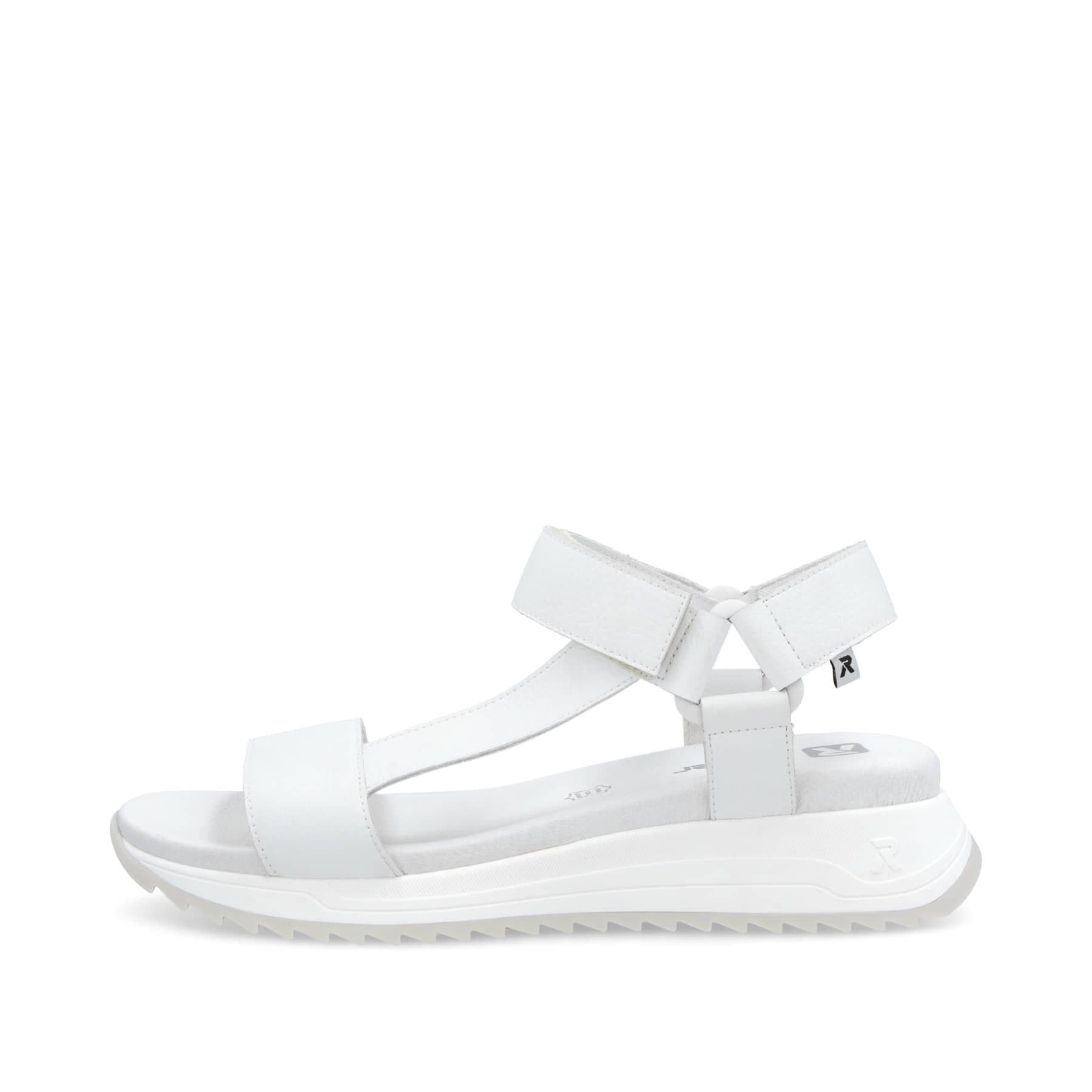 Weiße Rieker Damen Trekkingsandalen W2951-80 mit einem Klettverschluss. Schuh Außenseite.