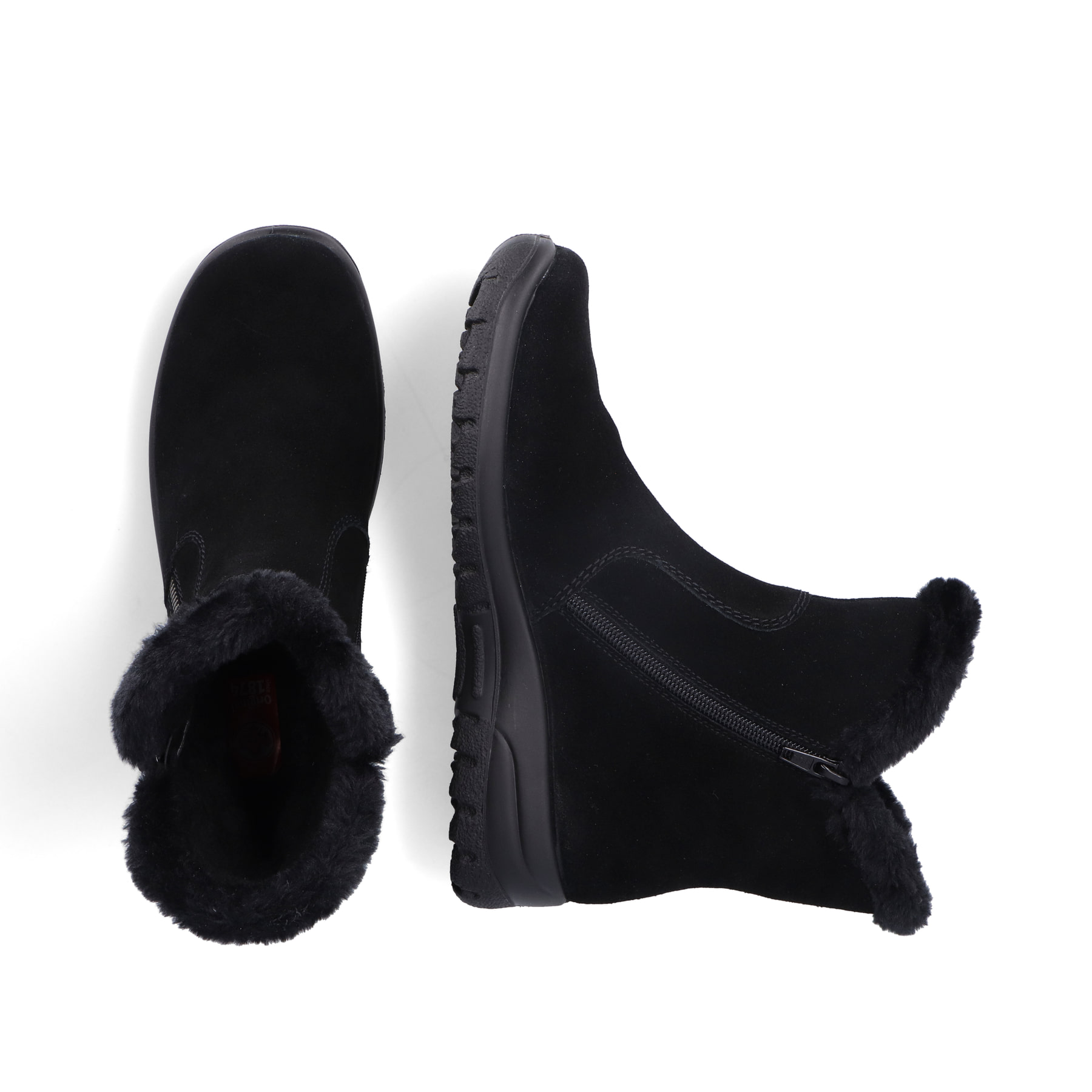 Schwarze Rieker Damen Kurzstiefel L7162-00 aus Rauleder. Schuh von oben, liegend.