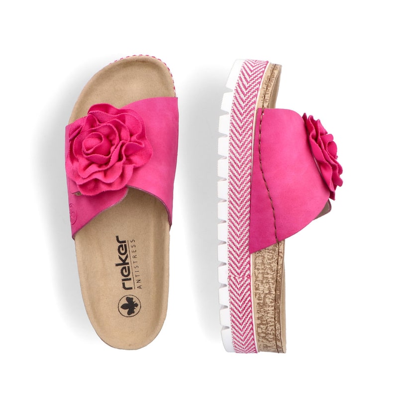 Mules Rieker roses pour femme 69562-31 avec fleur décorative. Chaussure vue de dessus, couchée.