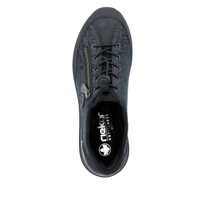 Petrolfarbene Rieker Damen Slipper N1455-14 mit easy Hineinschlüpf-Möglichkeit. Schuh von oben.