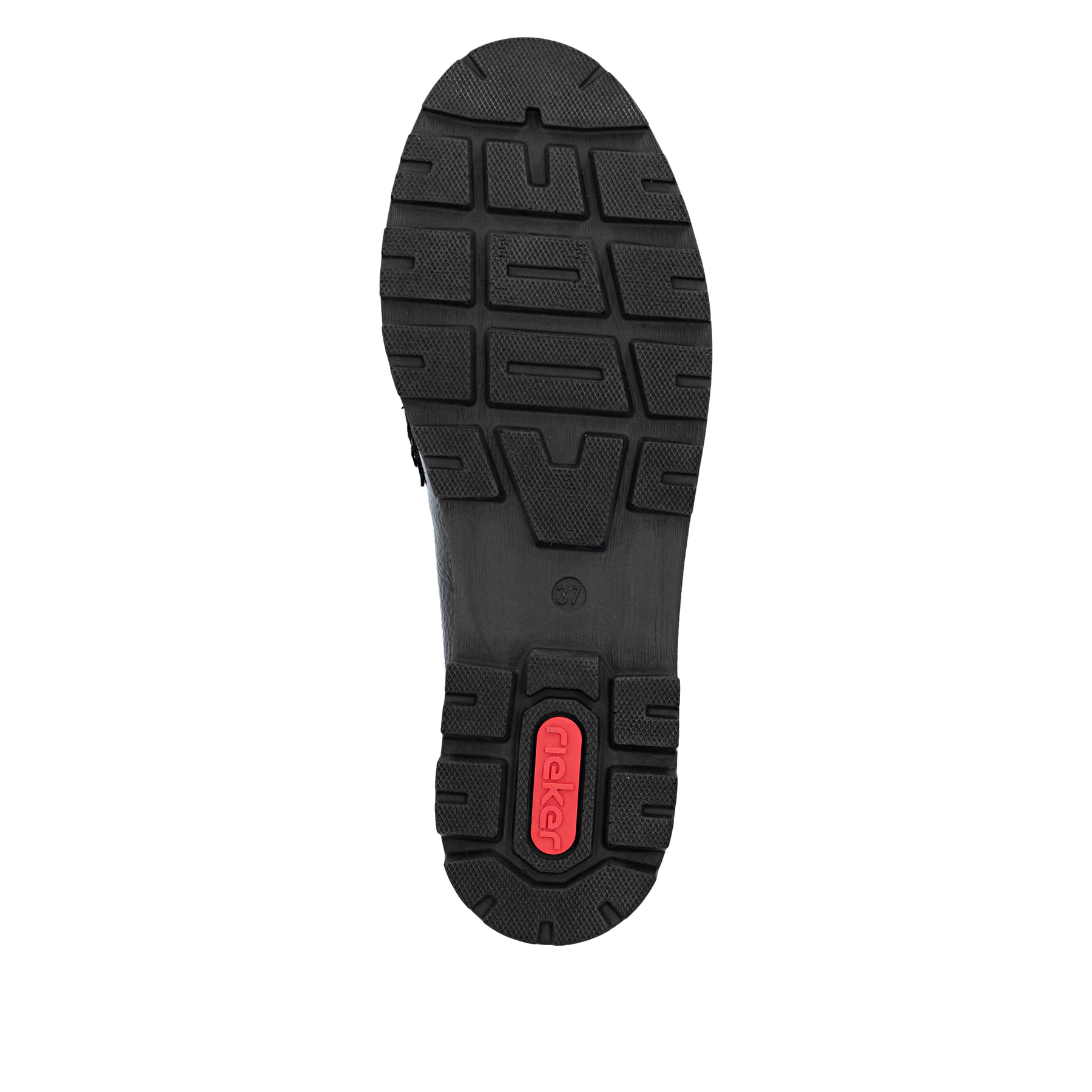 Mocassins Rieker noirs pour femmes 43050-00 avec bande élastique. Semelle extérieure de la chaussure.