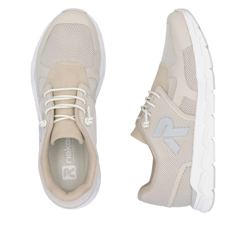 Beige Rieker Damen Sneaker Low M9000-60 mit Gummischnürung sowie flexibler Sohle. Schuh von oben, liegend.