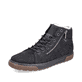 
Asphaltschwarze Rieker Herren Schnürschuhe 18940-00 mit einer robusten Profilsohle. Schuh seitlich schräg