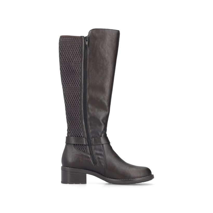 Dunkelbraune Rieker Damen Hochschaftstiefel 75490-25 mit einem Reißverschluss. Schuh Innenseite.