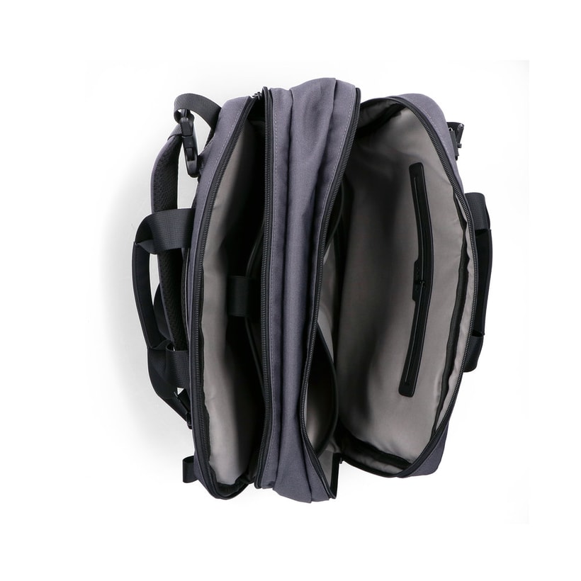 Sac pour ordinateur portable H5200-43 en gris avec fermeture éclair, compartiment rembourré pour ordinateur portable et bretelles amovibles. Ouvert.