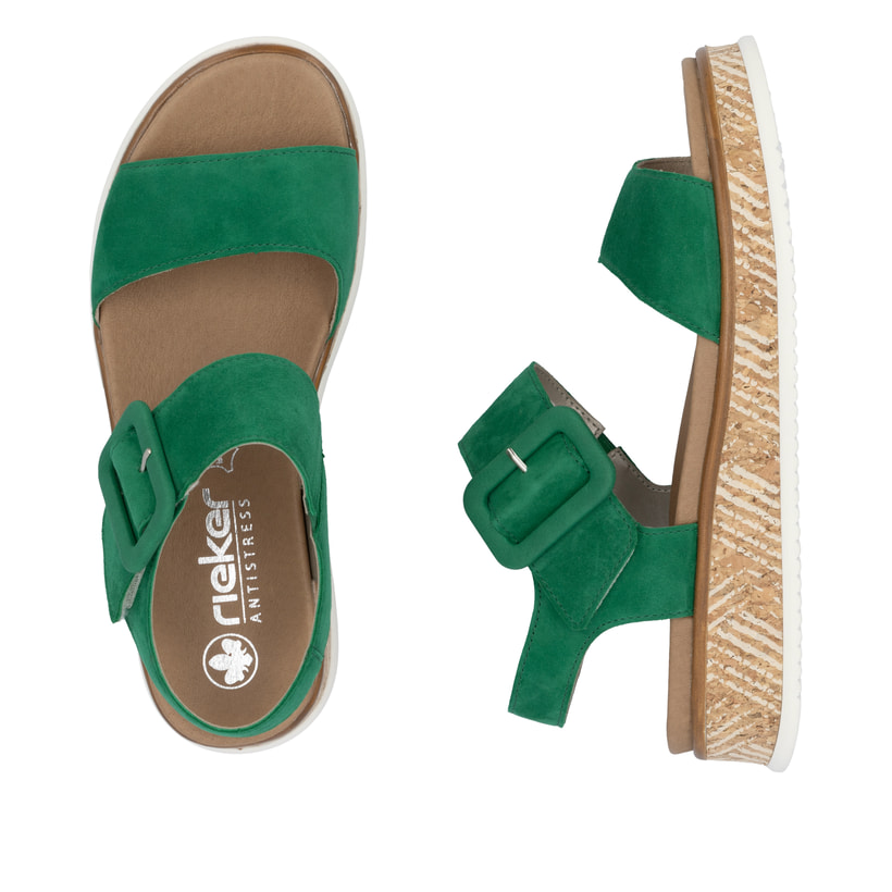 Grüne Rieker Damen Riemchensandalen W0800-52 mit trendigen Schnalle. Schuh von oben, liegend.
