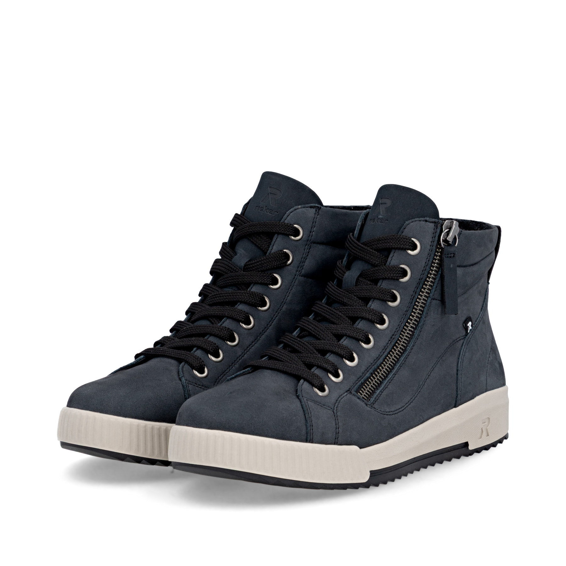 Dunkelblaue Rieker Damen Sneaker High W0164-14 aus Rauleder. Schuhpaar seitlich schräg.