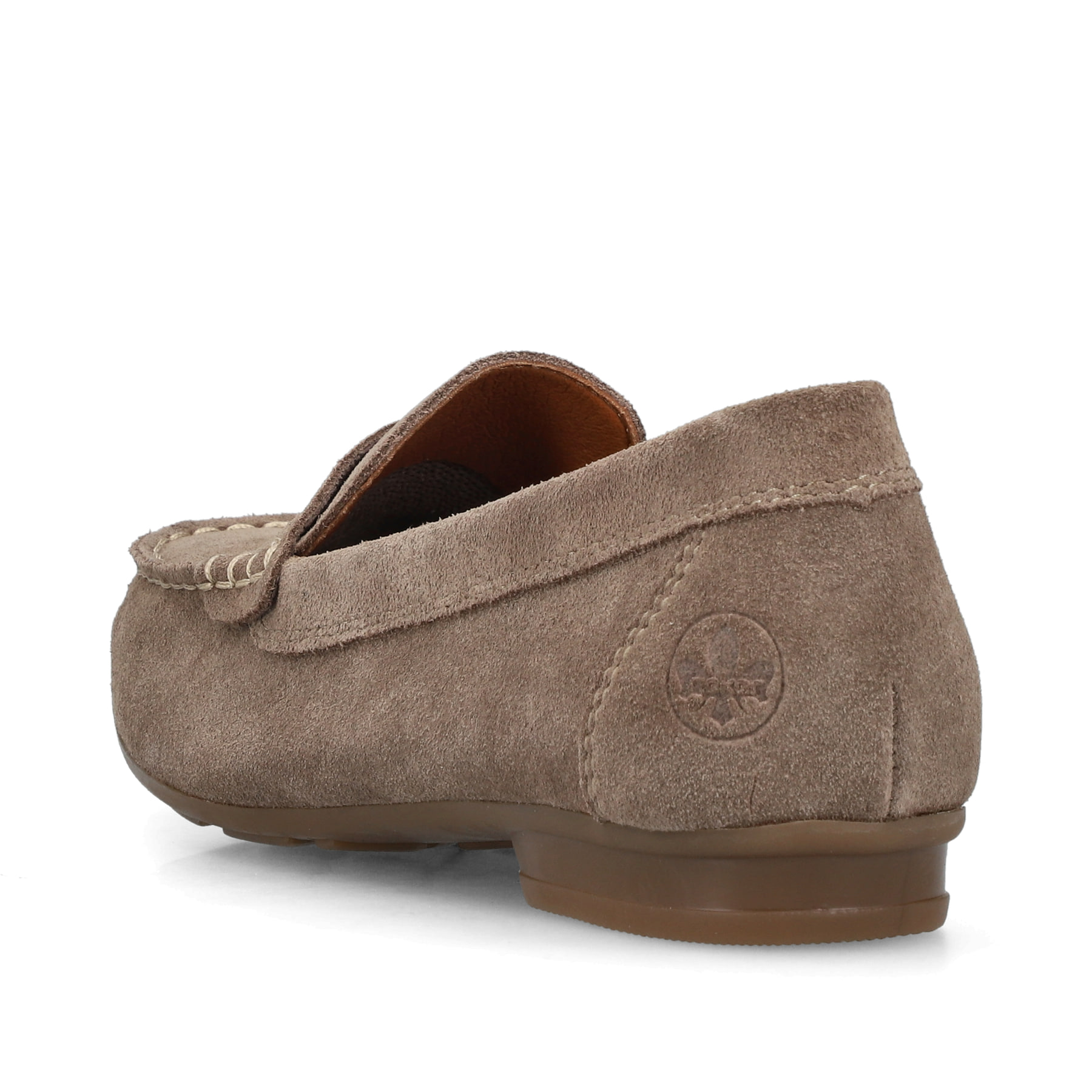 Beige Rieker Damen Loafer 40051-62 mit der schmalen Passform E 1/2. Schuh von hinten.