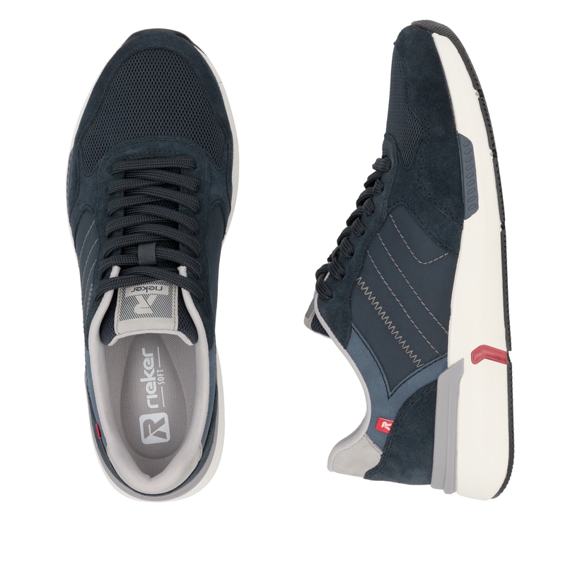 Blaue Rieker Herren Sneaker Low U1401-14 mit einer Schnürung. Schuh von oben, liegend.