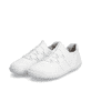 Weiße vegane Rieker Damen Slipper 52854-80, Barfußschuhe mit einem Gummizug. Schuhpaar seitlich schräg.