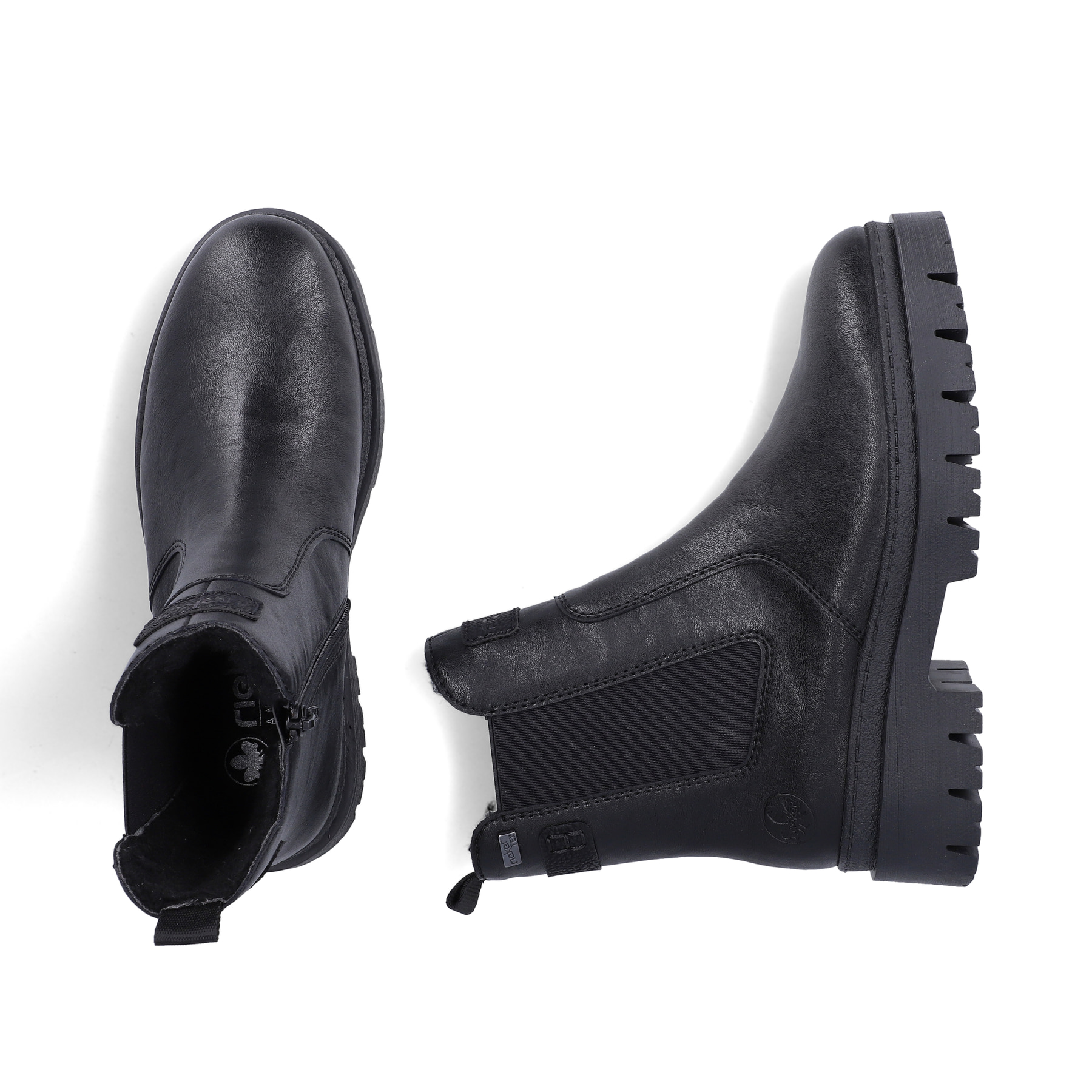Schwarze Rieker Damen Chelsea Boots Z9460-00 mit wasserabweisender TEX-Membran. Schuh von oben, liegend.