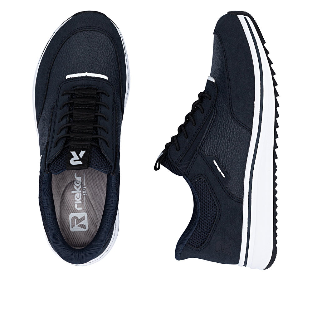 Blaue Rieker Damen Slipper L5850-14 mit Ready2GO easy in Funktion sowie Gummizug. Schuh von oben, liegend.