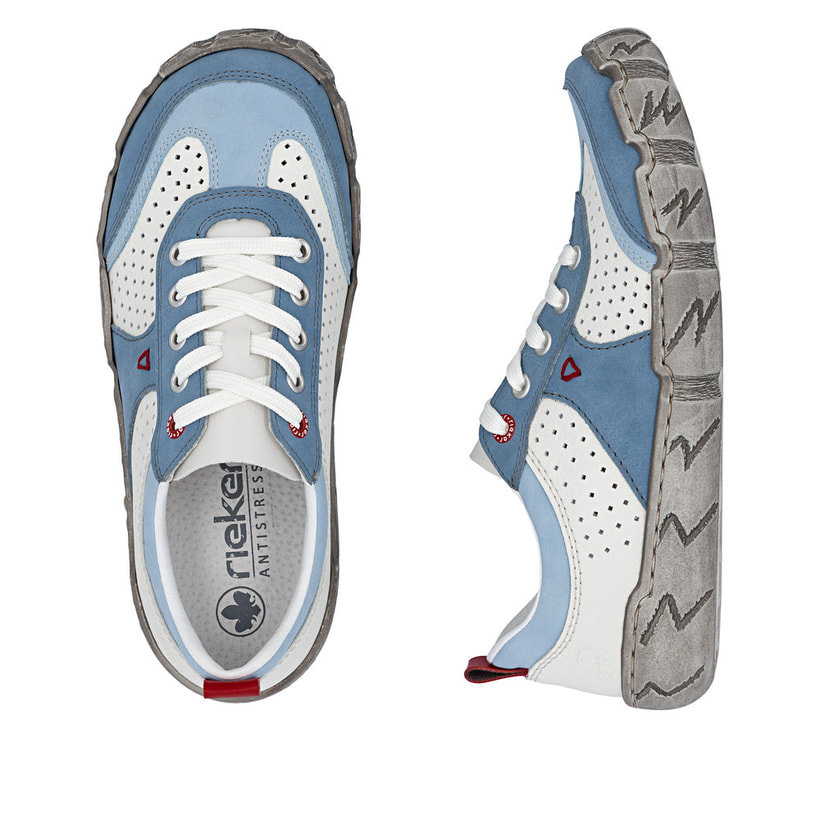 Weißblaue Rieker Damen Schnürschuhe L0307-80 mit eleganten Zierlochungen. Schuh von oben, liegend.