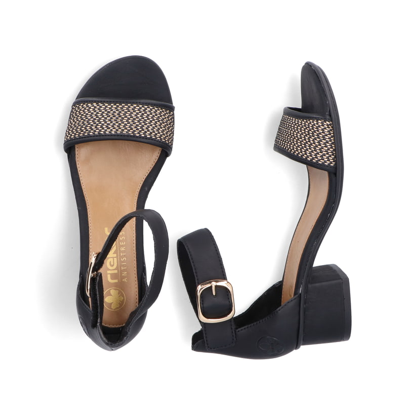 Schwarze Rieker Riemchensandaletten 64952-00 mit trendigen Schnalle. Schuh von oben, liegend.