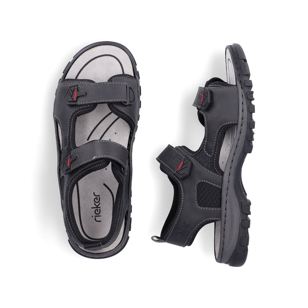Schwarze Rieker Herren Trekkingsandalen 25055-00 mit einem Klettverschluss. Schuh von oben, liegend.