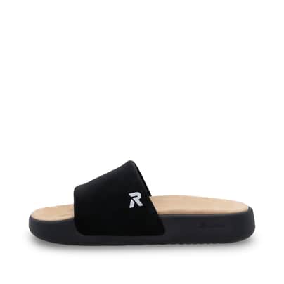 Schwarze Rieker Damen Pantoletten W3250-00 mit flexibler und ultraleichter Sohle. Schuh Außenseite.