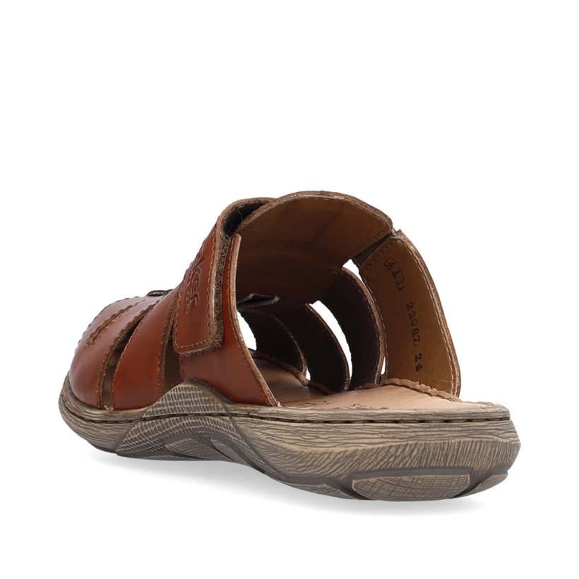 Braune Rieker Herren Pantoletten 22087-24 mit einem Klettverschluss. Schuh von hinten.