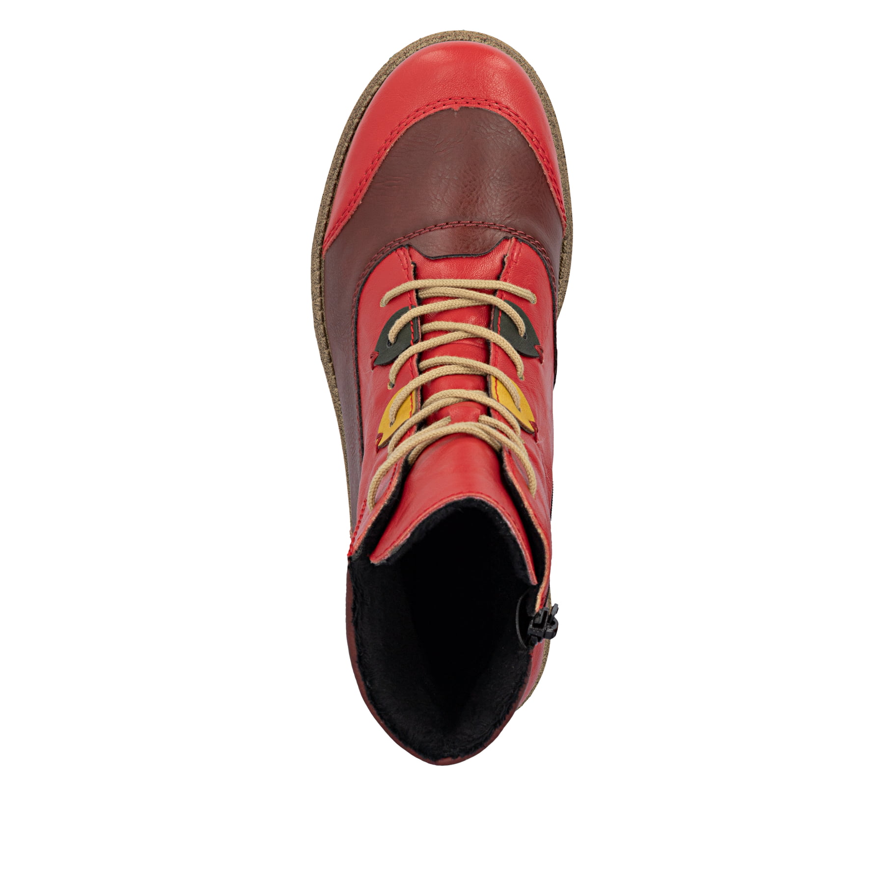 Rote Rieker Damen Schnürstiefel 73510-33 mit farbenfrohen Details. Schuh von oben.