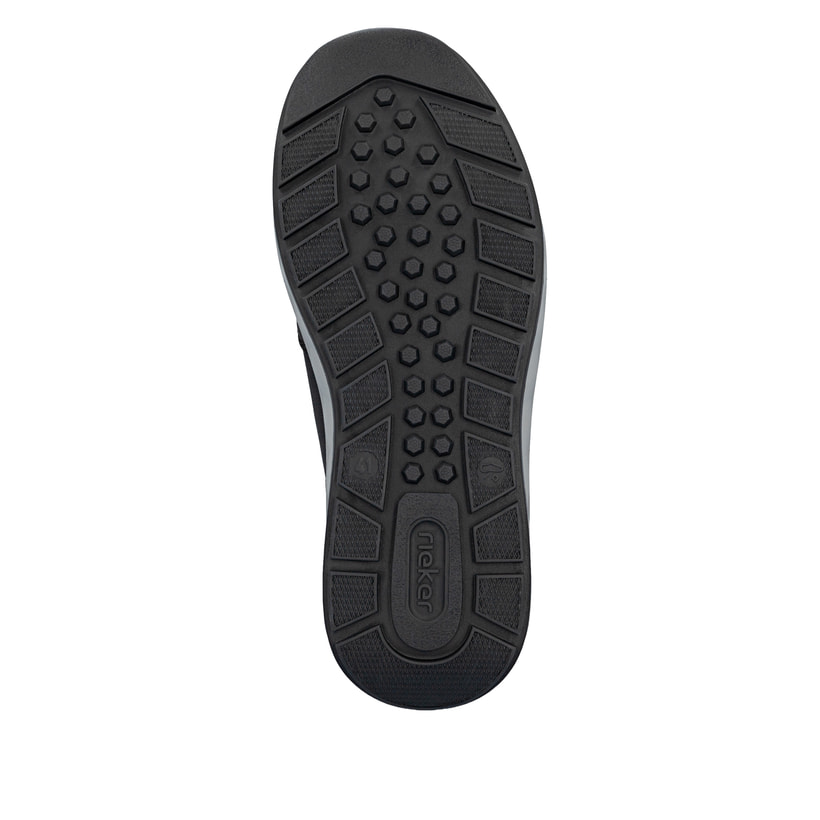 Schwarze Rieker Herren Slipper 11552-00 aus Glattleder mit einem Klettverschluss. Schuh Laufsohle.