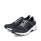 Blaue Rieker Damen Sneaker Low 48135-14 mit Reißverschluss sowie Komfortweite G. Schuhpaar seitlich schräg.