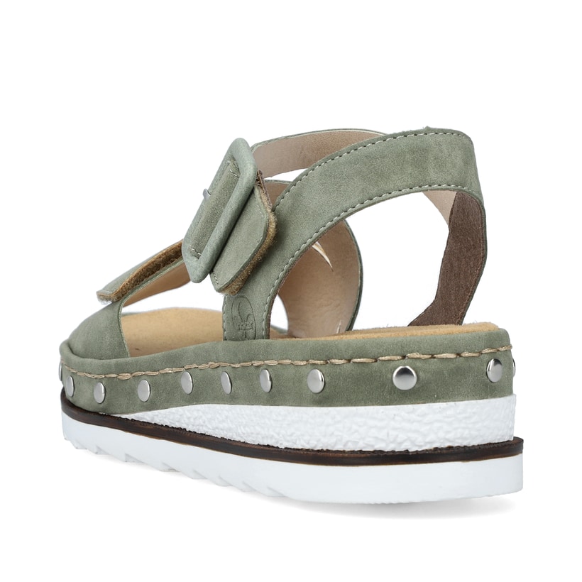 Grüne Rieker Keilsandaletten V7964-52 mit einem Klettverschluss. Schuh von hinten.