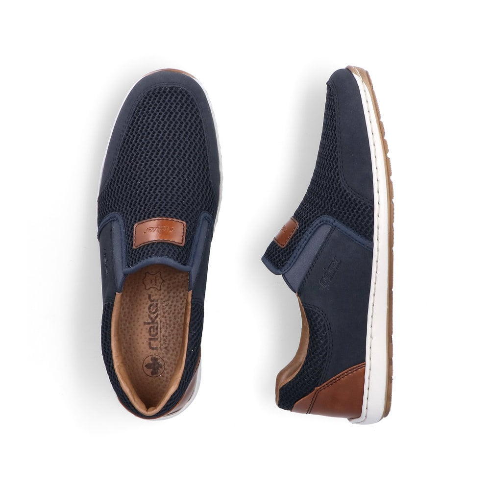 Mocassins Rieker bleus pour homme 08869-14 avec bande élastique. Chaussure vue de dessus, couchée.