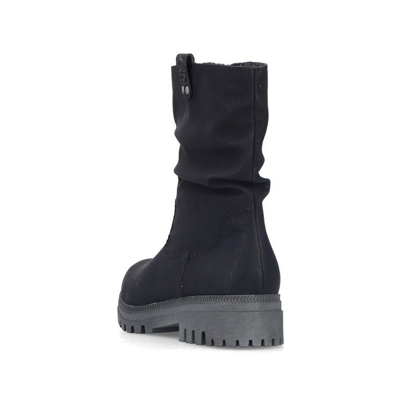 Schwarze Rieker Damen Kurzstiefel Y7681-00 mit gerafftem Schaft. Schuh von hinten.